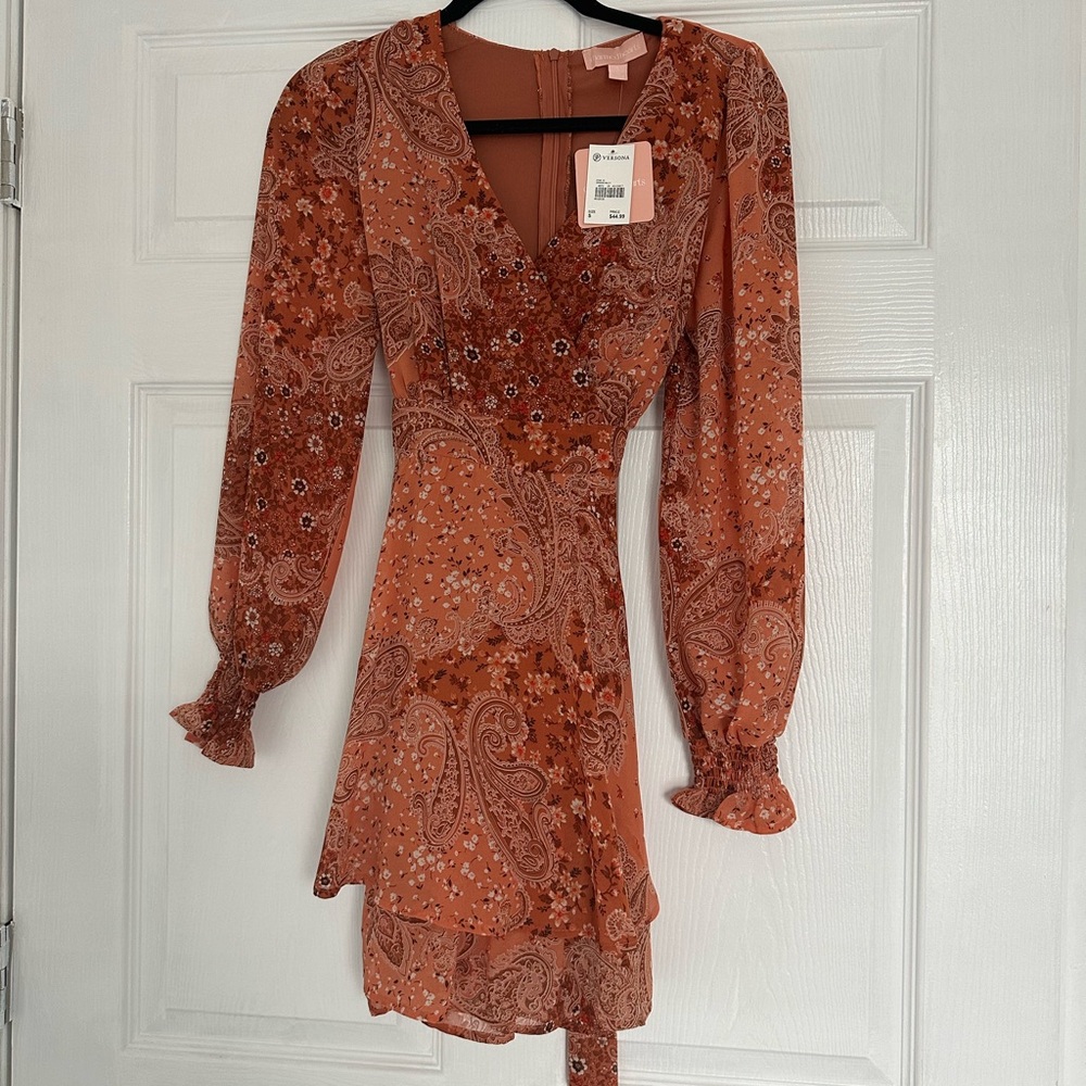 Rust Paisley Wrap Mini Dress with Long Sleeves